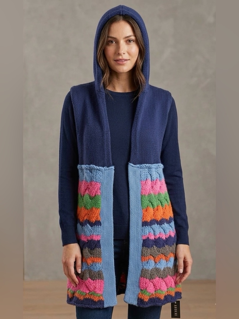 🆕 Anokhi Sz S Artisan Hooded Handknit Striped Vest Boho Open Cardigan Sleeveless